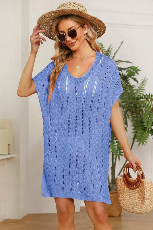 Double Take Openwork Short Sleeve Slit Knit Cover Up - Trendsi - Flyclothing LLC