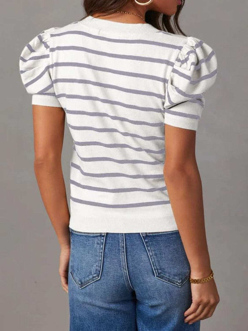 Striped Round Neck Puff Sleeve Knit Top - Trendsi - Flyclothing LLC