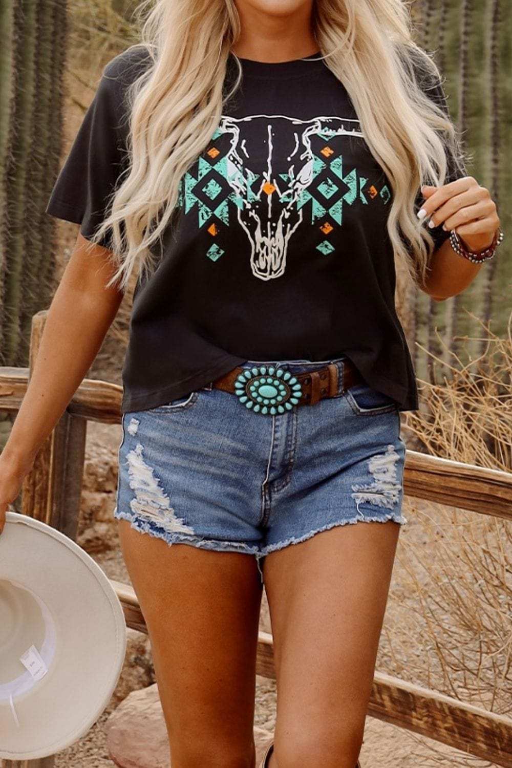 Bull Head Skull Round Neck Short Sleeve T Shirt - Trendsi - Flyclothing LLC