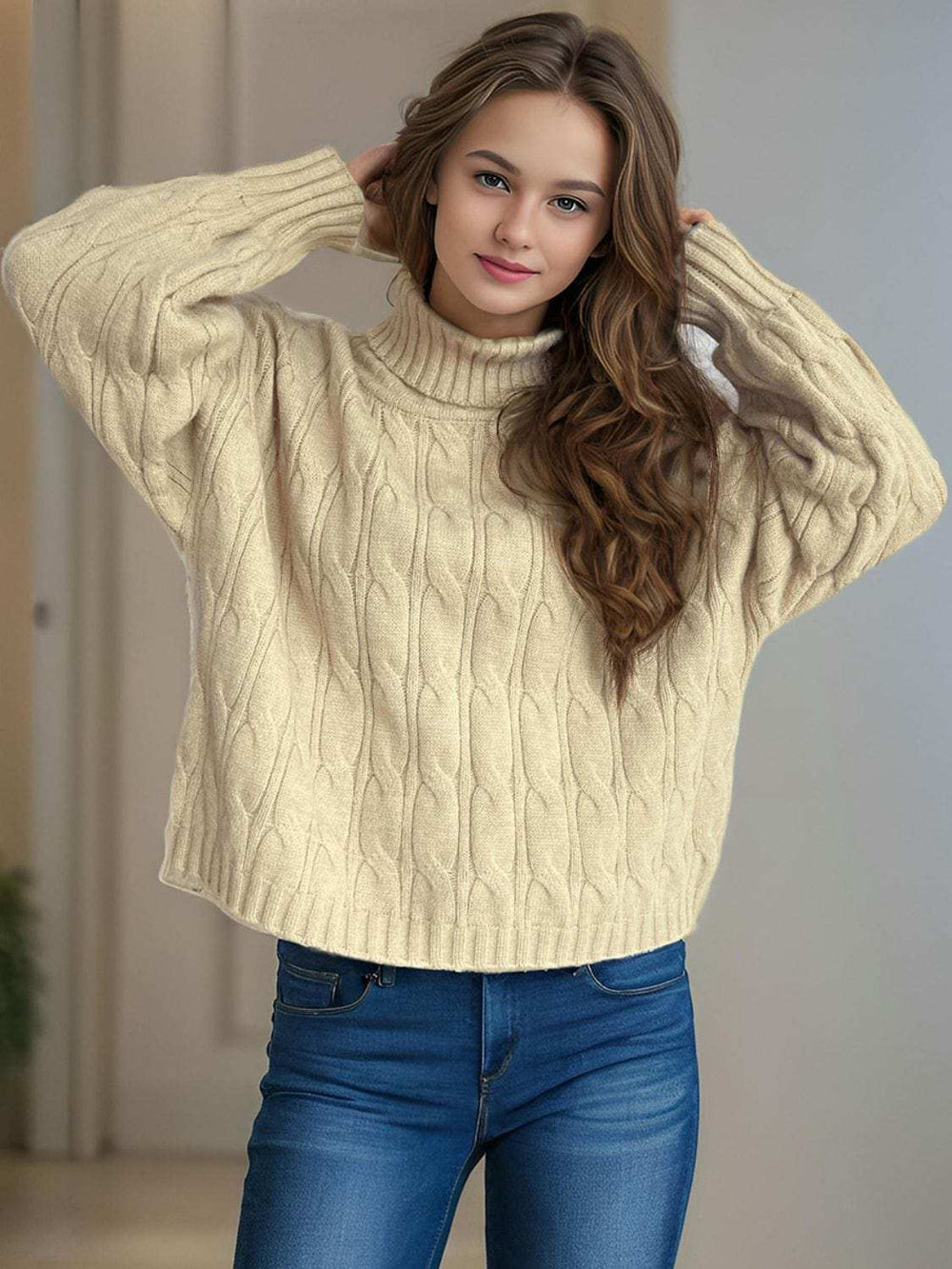 Cable-Knit Turtleneck Long Sleeve Sweater - Trendsi - Flyclothing LLC
