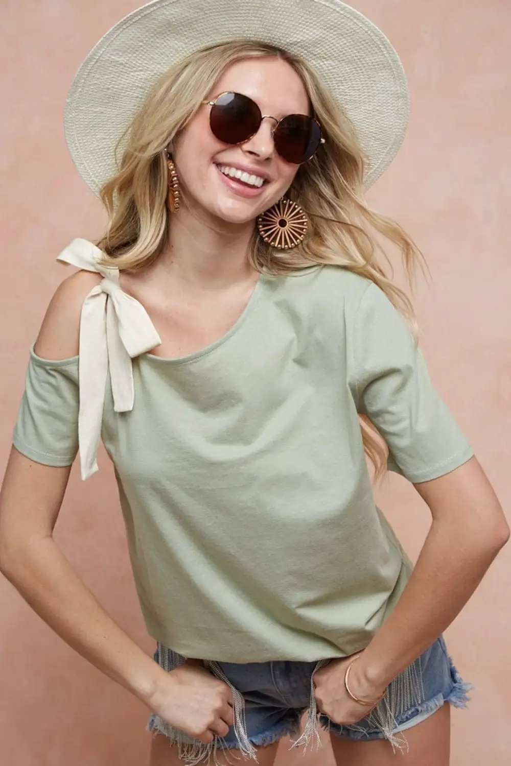 BiBi Tied Ribbon One Shoulder Short Sleeve T-Shirt - Trendsi - Flyclothing LLC