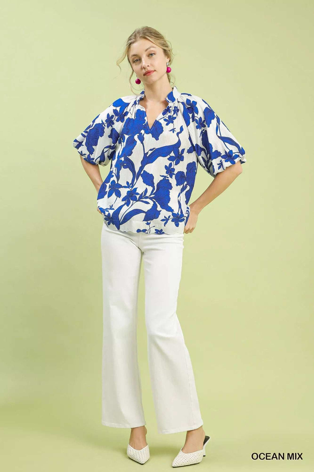Umgee Floral Print Puff Sleeve Blouse with Scallop Hem - Trendsi - Flyclothing LLC