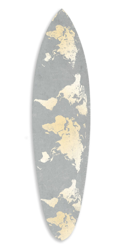 76" X 18" X 1" Grey And Gold World Map Surfboard Wall Art - Homeroots