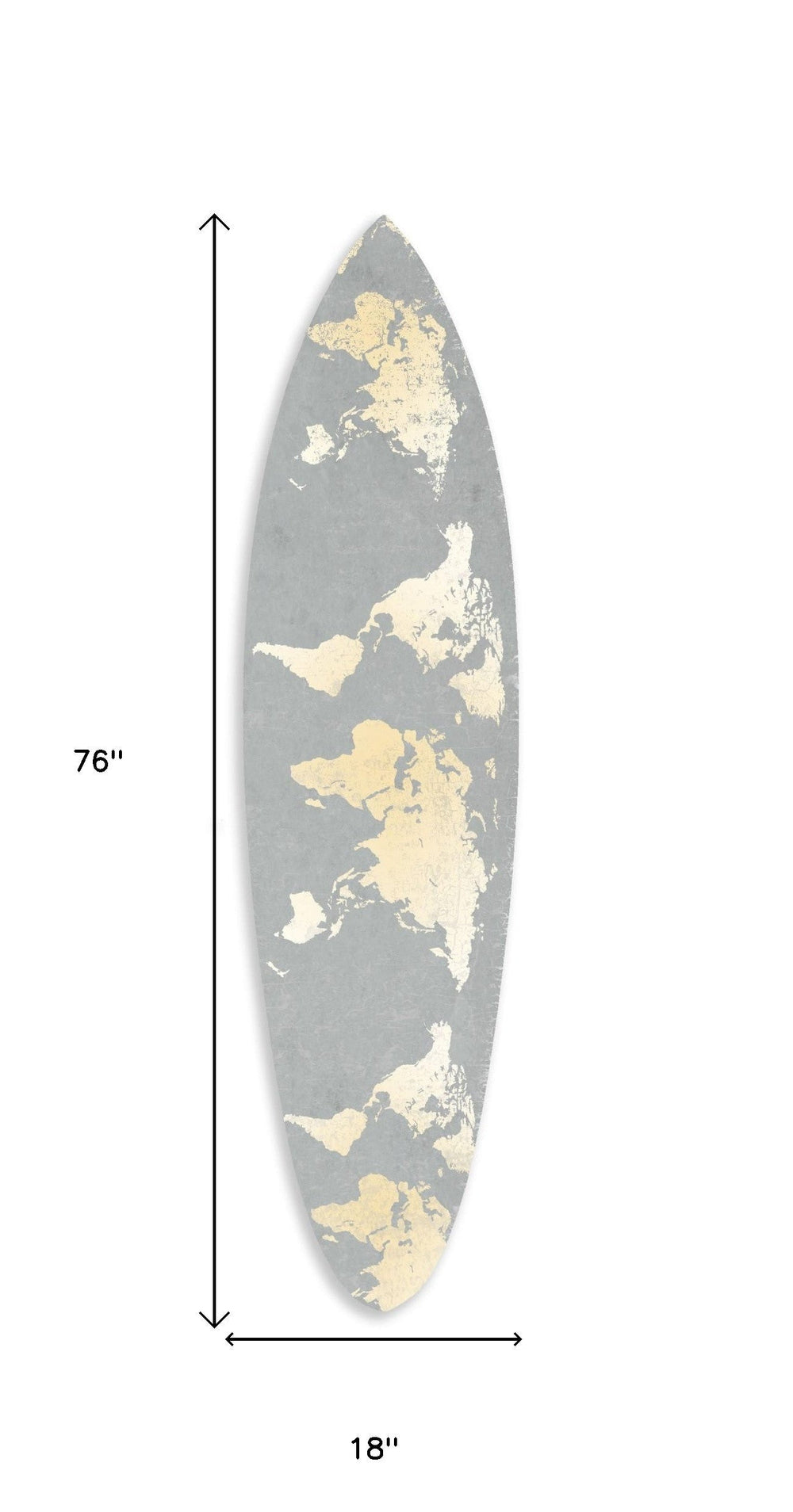 76" X 18" X 1" Grey And Gold World Map Surfboard Wall Art - Homeroots
