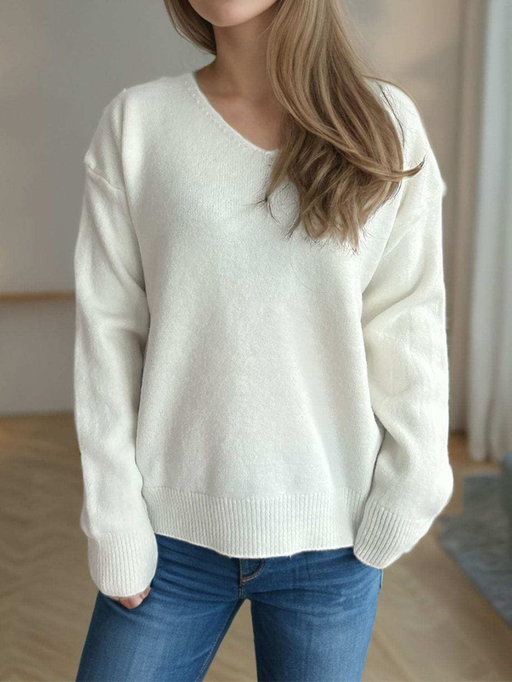 V-Neck Dropped Shoulder Long Sleeve Sweater - Trendsi - Flyclothing LLC