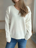 V-Neck Dropped Shoulder Long Sleeve Sweater - Trendsi - Flyclothing LLC