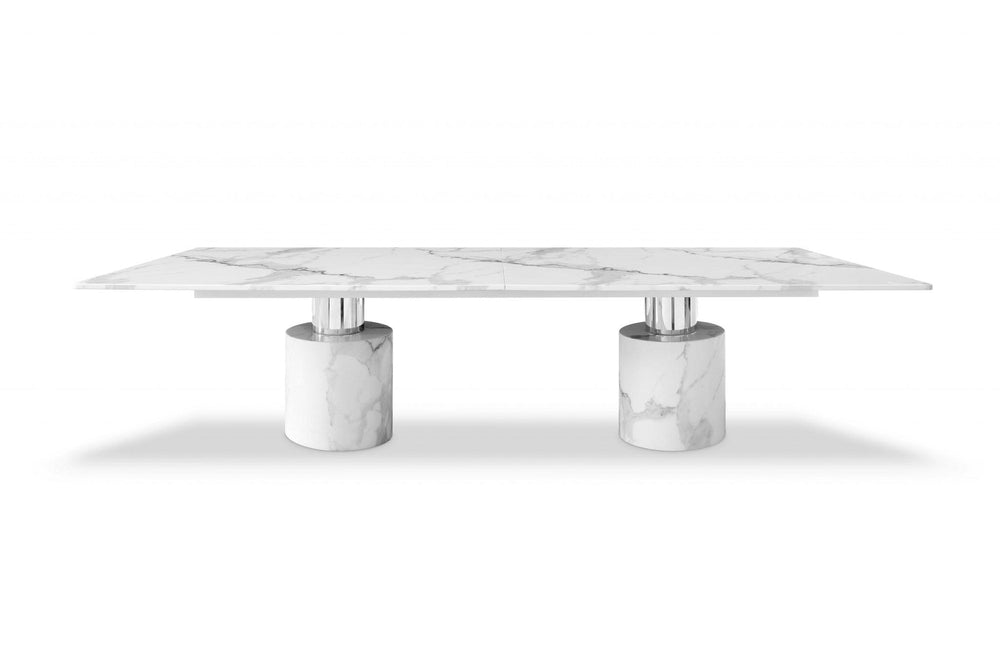 120" White Marble Double Pedestal Base Dining Table - Homeroots - Flyclothing LLC