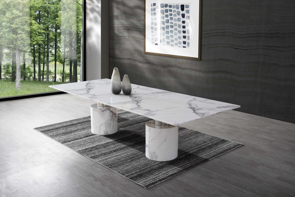 120" White Marble Double Pedestal Base Dining Table - Homeroots - Flyclothing LLC