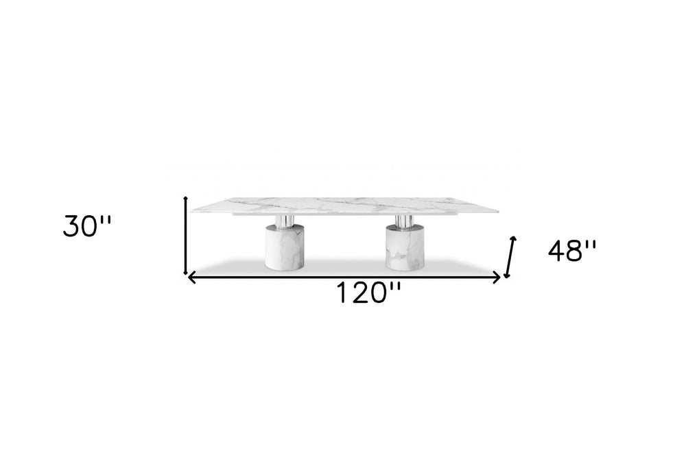 120" White Marble Double Pedestal Base Dining Table - Homeroots - Flyclothing LLC