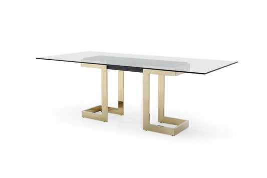 87" Clear And Gold Glass And Stainless Steel Double Pedestal Base Dining Table - Homeroots