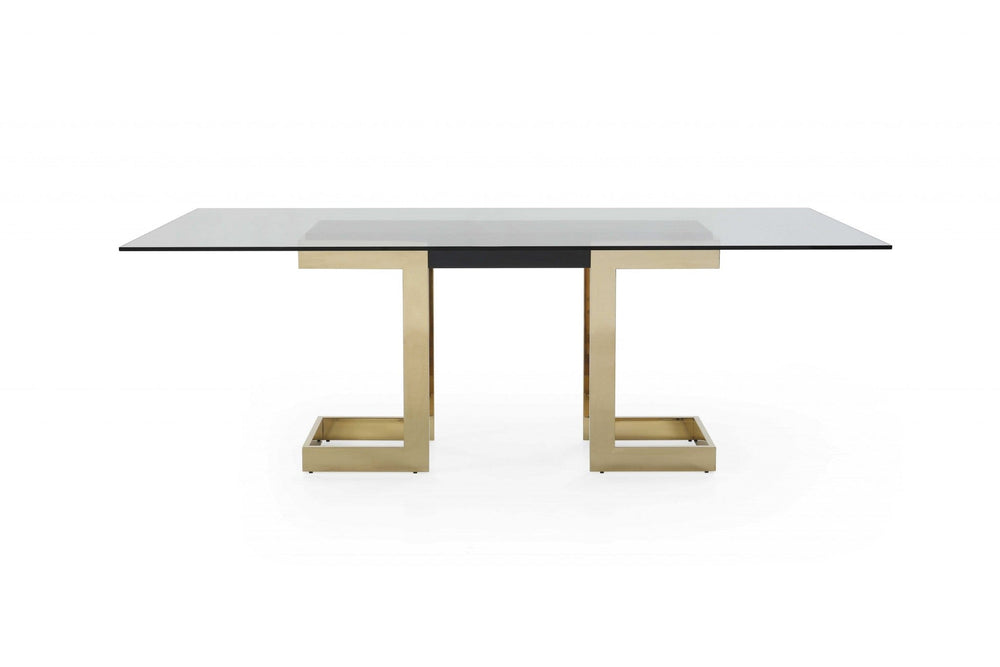 87" Clear And Gold Glass And Stainless Steel Double Pedestal Base Dining Table - Homeroots - Flyclothing LLC