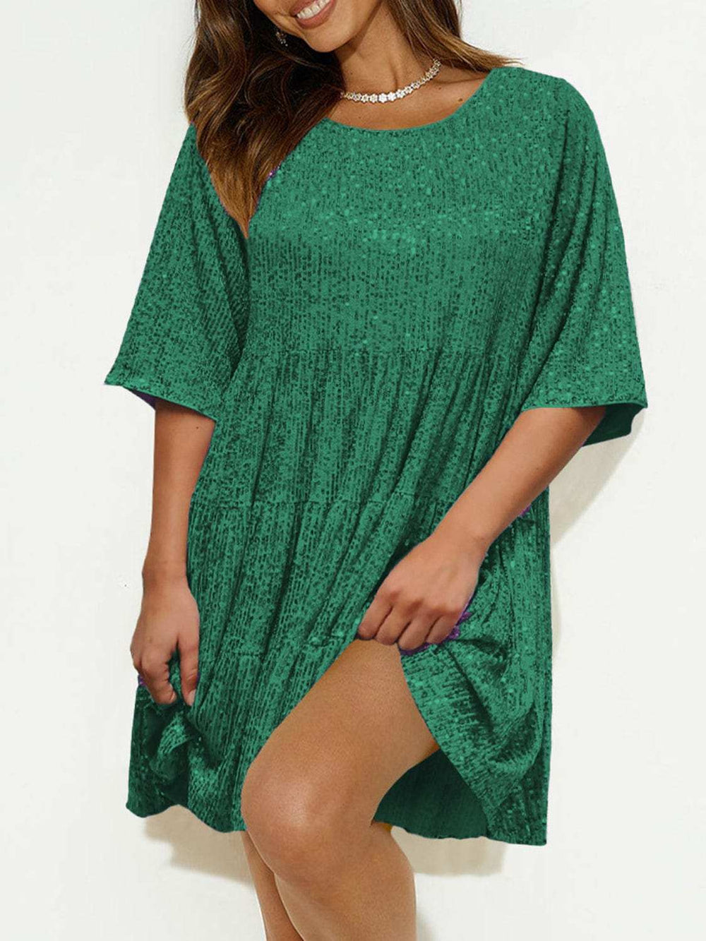 Sequin Round Neck Half Sleeve Mini Dress - Trendsi - Flyclothing LLC