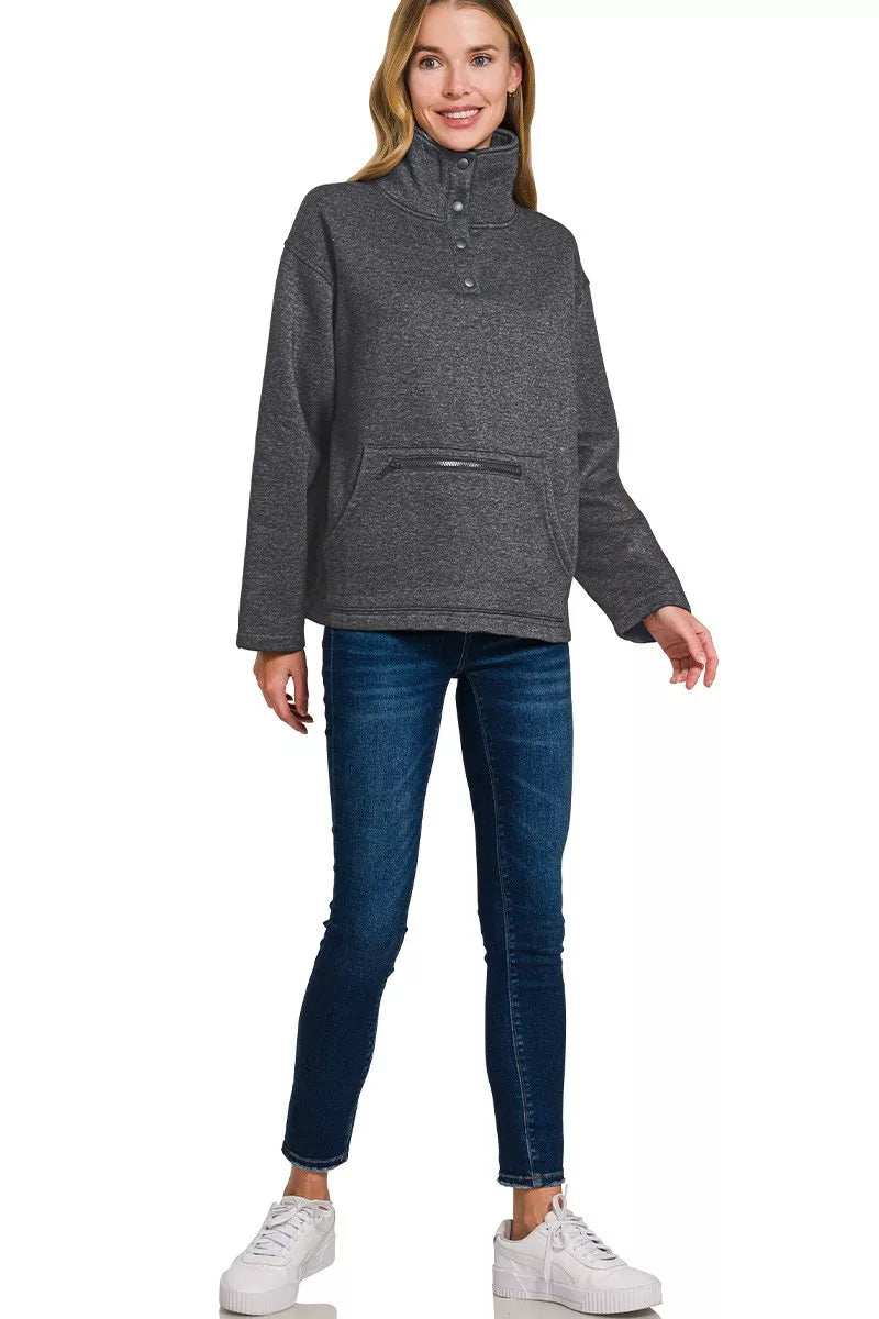 Zenana Fleece Washed High Neck Kangaroo Pocket Sweatshirt - Trendsi - Flyclothing LLC