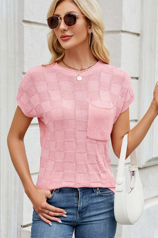 Checkered Round Neck Short Sleeve Knit Top - Trendsi - Flyclothing LLC