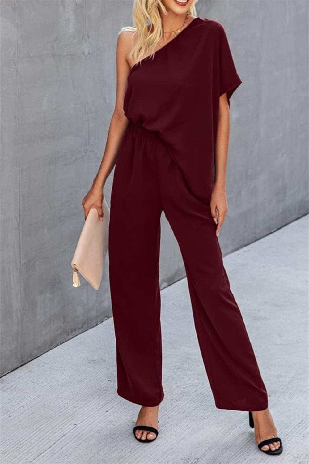 Single Shoulder Short Sleeve Jumpsuit - Trendsi - Flyclothing LLC