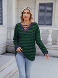 Lace-Up Striped Long Sleeve T-Shirt - Trendsi - Flyclothing LLC