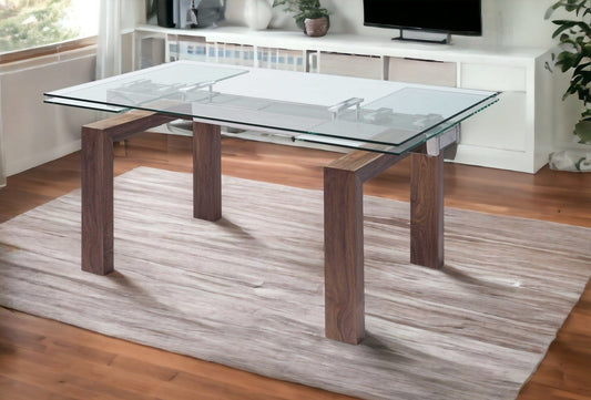 63" Clear and Brown Glass Self-Storing Leaf Dining Table - Homeroots