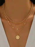 18K Gold-Plated Layered Necklace with Sun Medallion Pendant - Trendsi - Flyclothing LLC