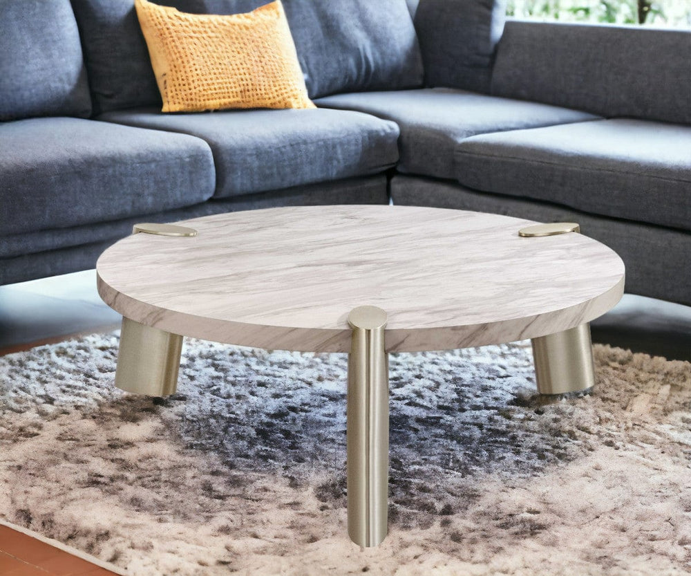 48" Gold And White Genuine Marble Round Coffee Table - Homeroots - Flyclothing LLC