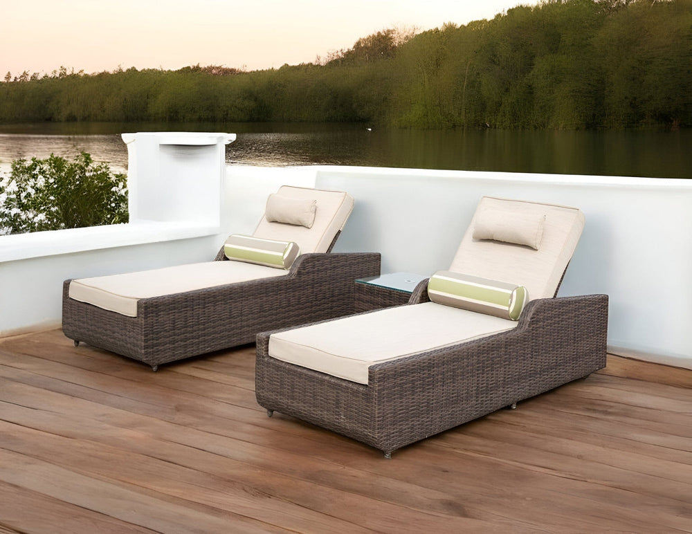 78" Set of Two Brown Indoor Outdoor Chaise Lounge with Beige Cushion - Homeroots