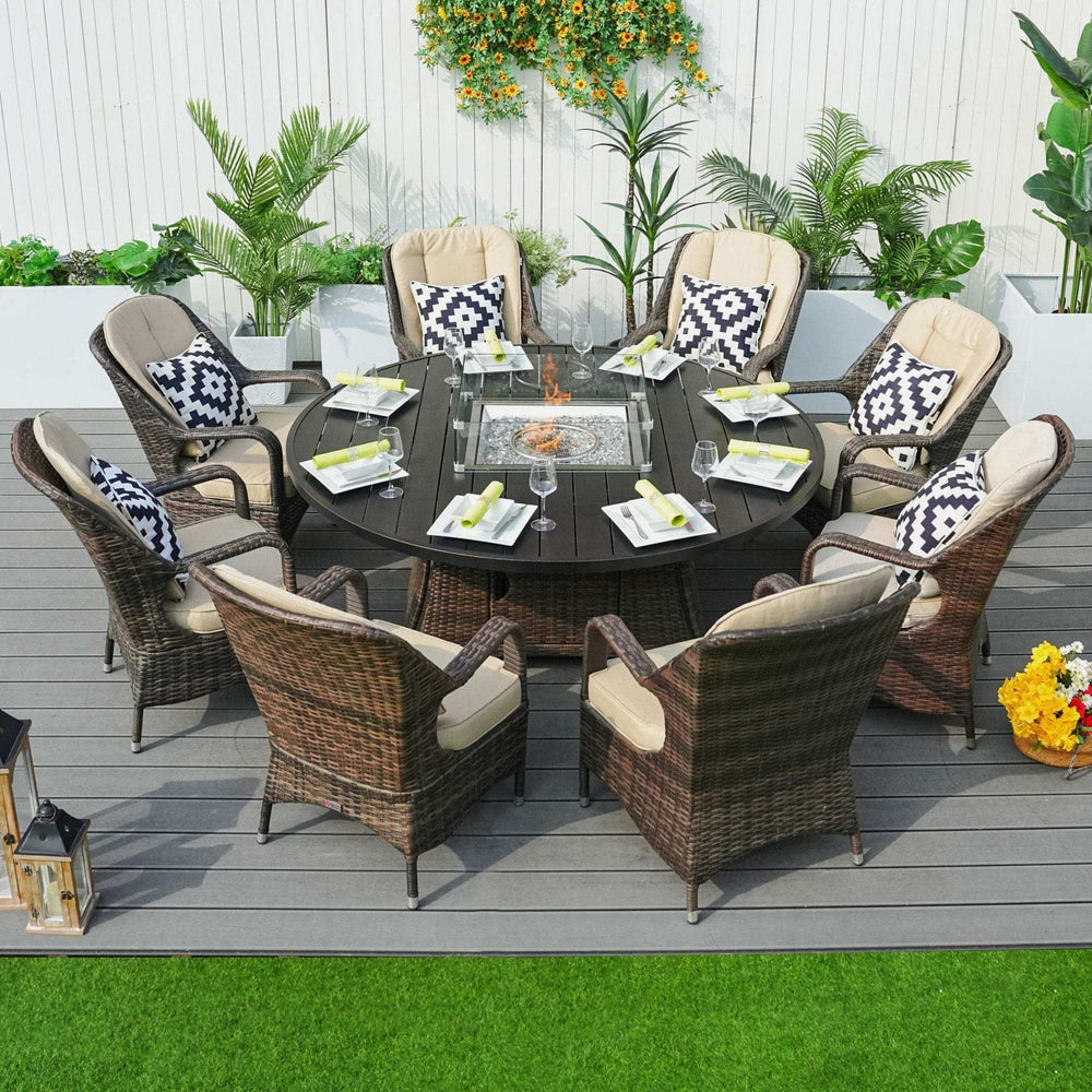 Brown Wicker Round Outdoor Fire Pit Dining Set With 8 Chairs - Homeroots - Flyclothing LLC