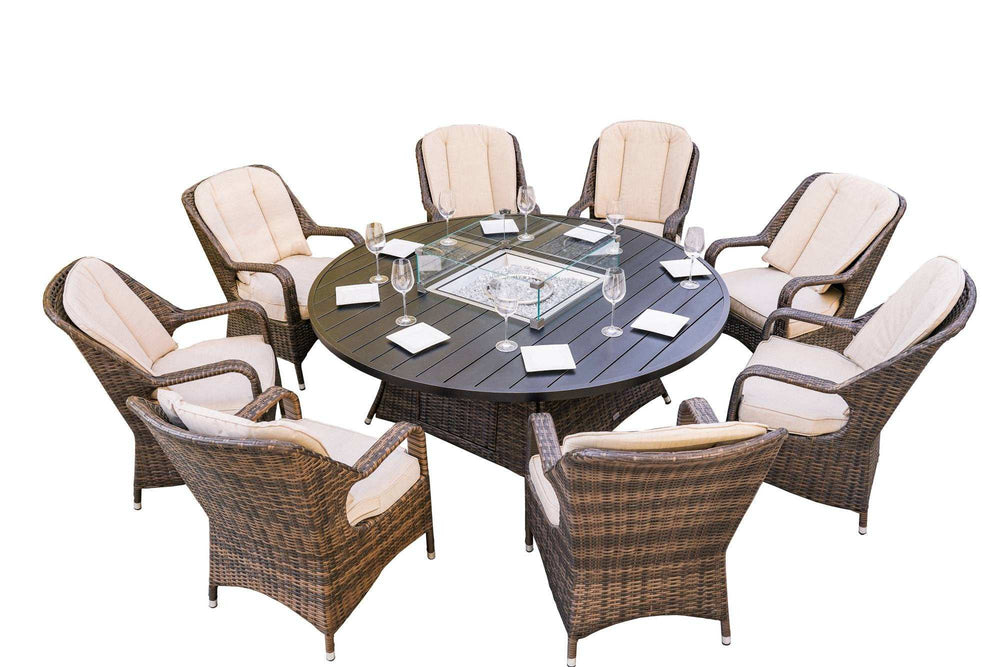Brown Wicker Round Outdoor Fire Pit Dining Set With 8 Chairs - Homeroots - Flyclothing LLC