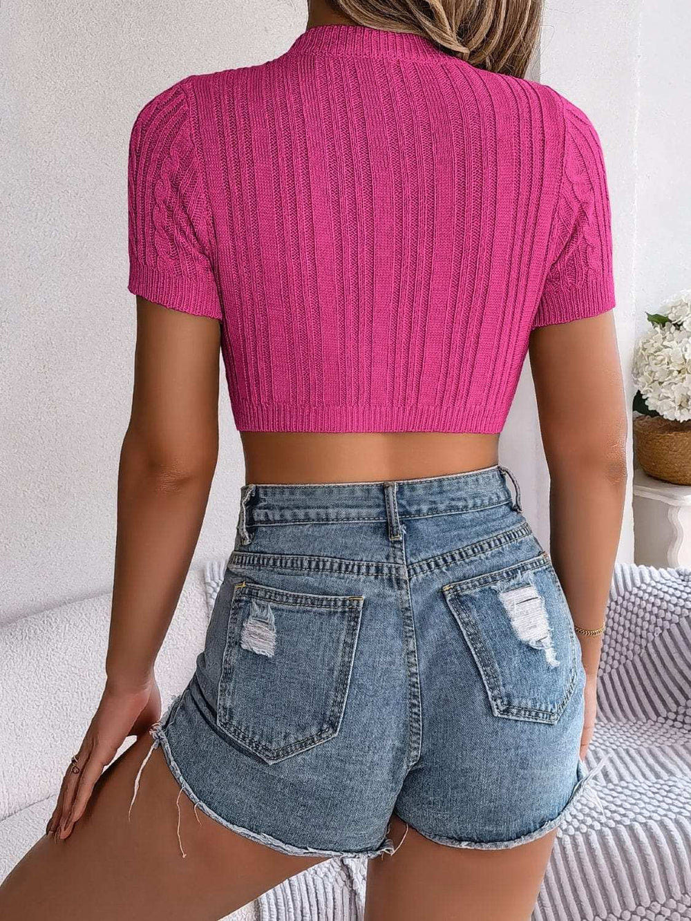 Cable Knit Openwork Round Neck Knit Top - Trendsi - Flyclothing LLC