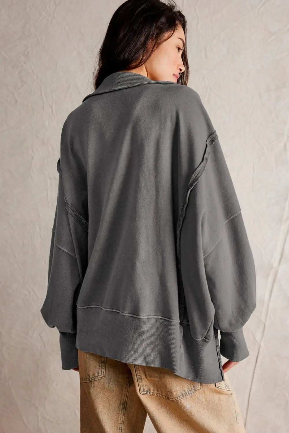 Exposed Seam Side Slit Long Sleeve Sweatshirt - Trendsi - Flyclothing LLC