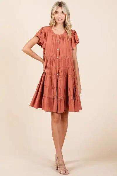 Mittoshop Lace Detail Ruffled Button Down Tiered Dress - Trendsi - Flyclothing LLC