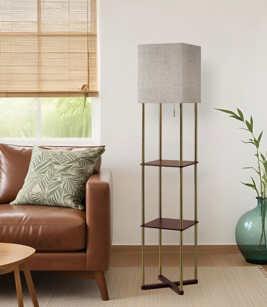 62" Brass Column Floor Lamp With Gray Fabric Square Shade - Homeroots