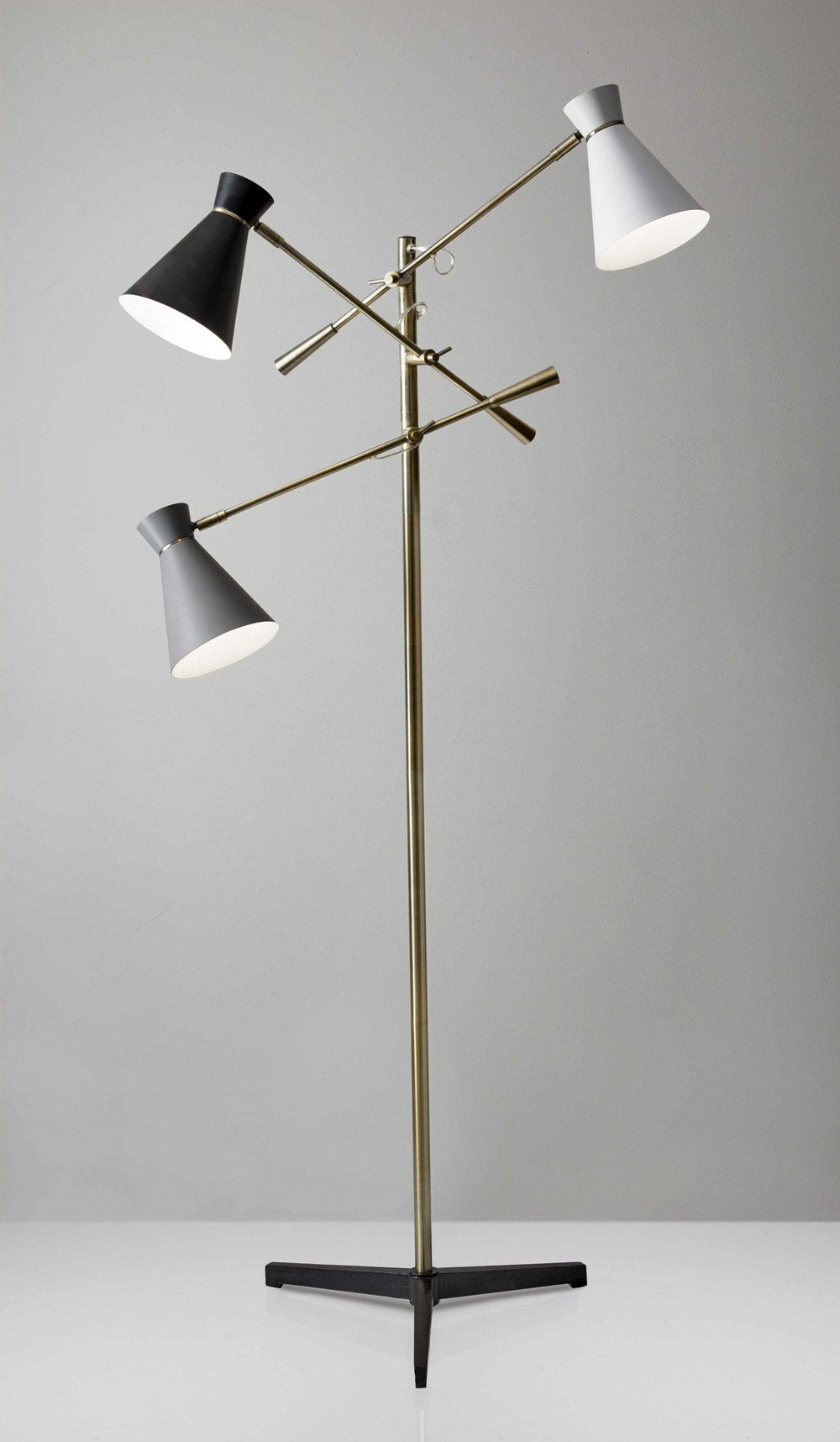 Three Arm Adjustable Floor Lamp In Brass Metal With Grey Black And White Shades - Homeroots - Flyclothing LLC
