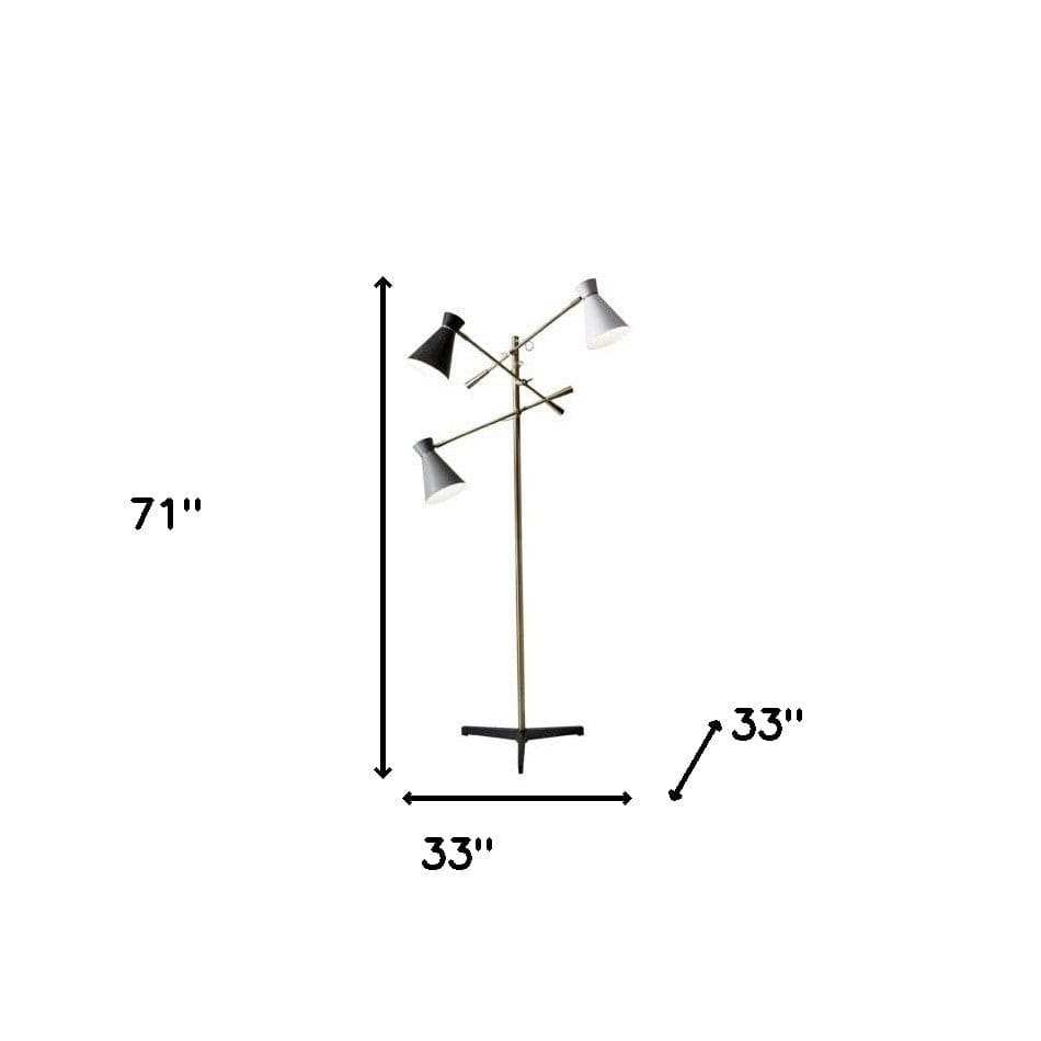 Three Arm Adjustable Floor Lamp In Brass Metal With Grey Black And White Shades - Homeroots - Flyclothing LLC
