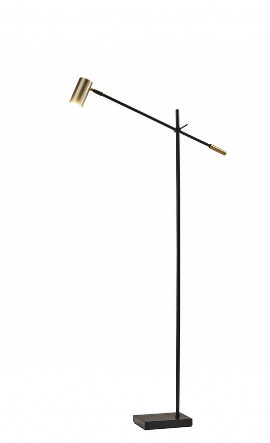 63" Black Adjustable LED Task Floor Lamp With Antiqued Brass Cylinder Shade - Homeroots