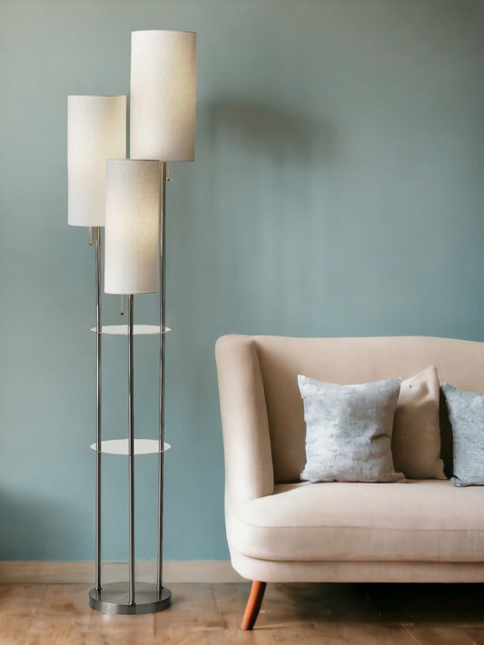 68" Steel Three Light Floor Lamp With White Linen Cylinder Shades - Homeroots