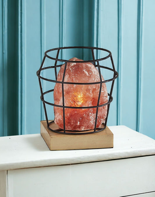 8" Himalayan Salt Accent Lamp With Black Cage Shade - Homeroots
