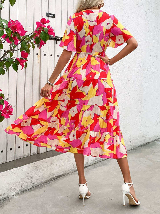 Printed V-Neck Flutter Sleeve Midi Dress - Trendsi - Flyclothing LLC