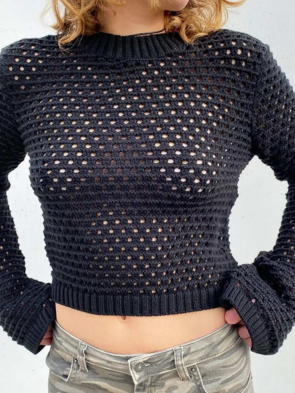 Openwork Round Neck Long Sleeve Knit Top - Trendsi - Flyclothing LLC