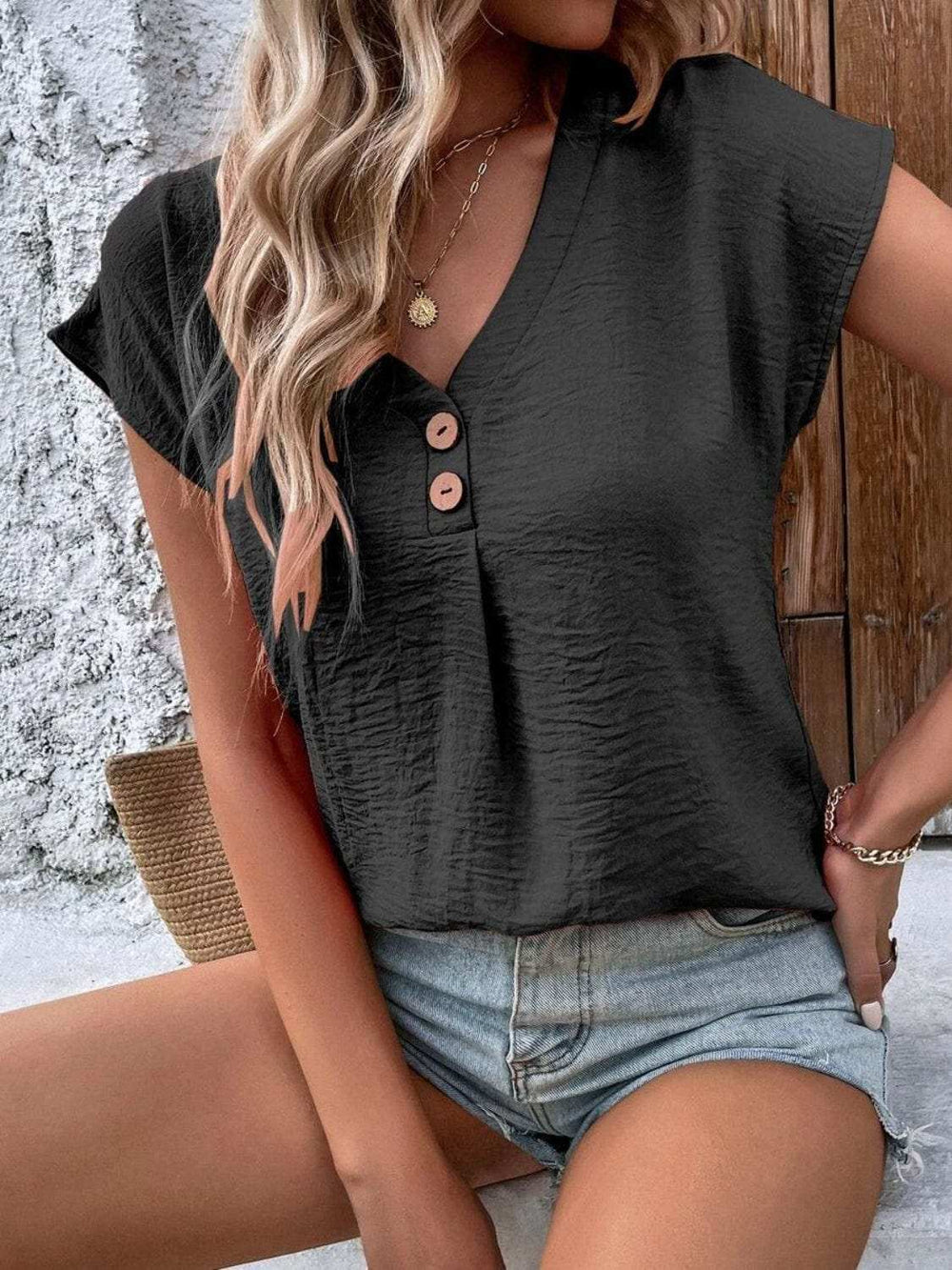 Decorative Button V-Neck Short Sleeve Blouse - Trendsi - Flyclothing LLC