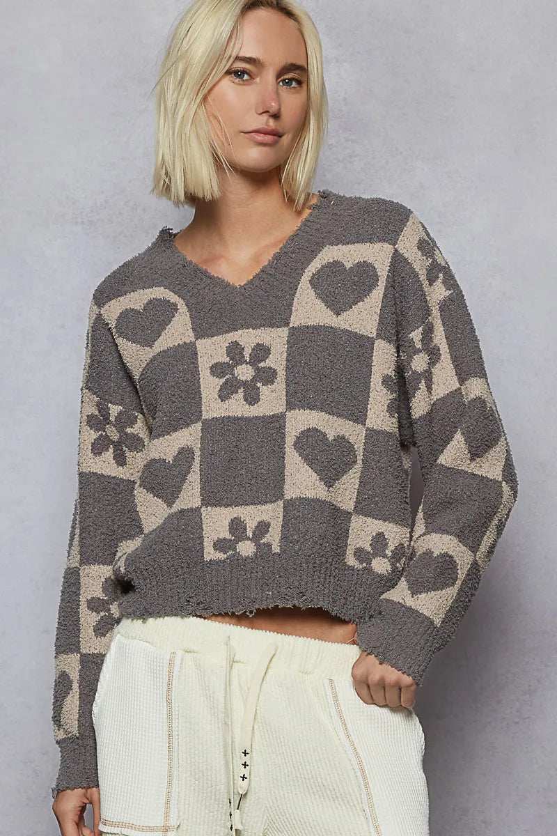 POL V-Neck Heart Pattern Checkered Sweater - Trendsi - Flyclothing LLC