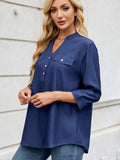 Notched Three-Quarter Sleeve Denim Top - Trendsi - Flyclothing LLC