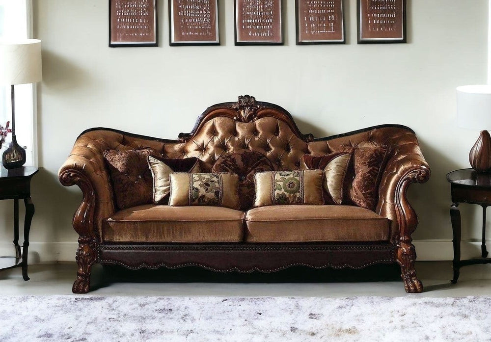 73" Dark Brown And Brown Velvet Loveseat and Toss Pillows - Homeroots