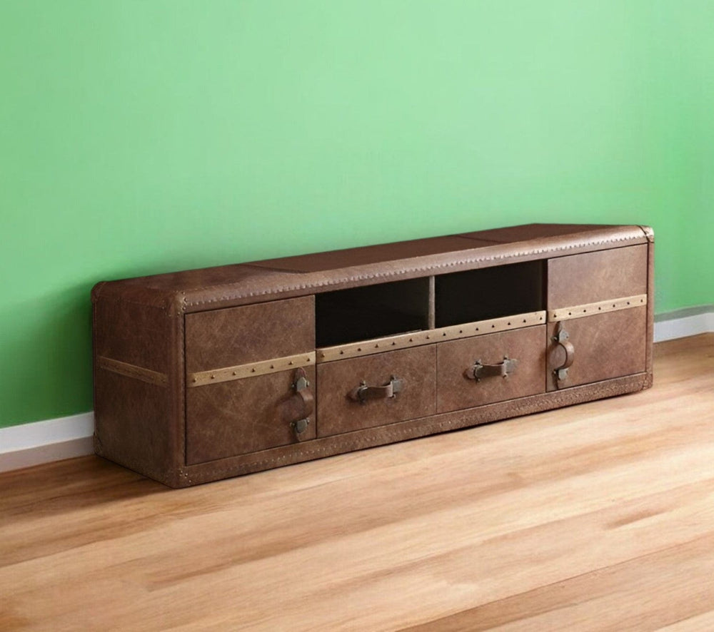 80" Brown Leather Cabinet Enclosed Storage TV Stand - Homeroots - Flyclothing LLC