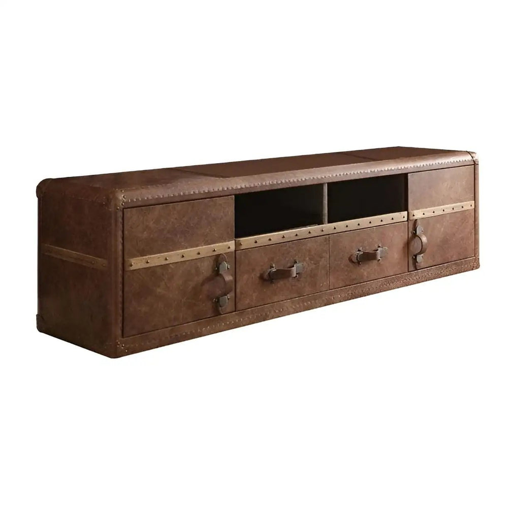 80" Brown Leather Cabinet Enclosed Storage TV Stand - Homeroots - Flyclothing LLC