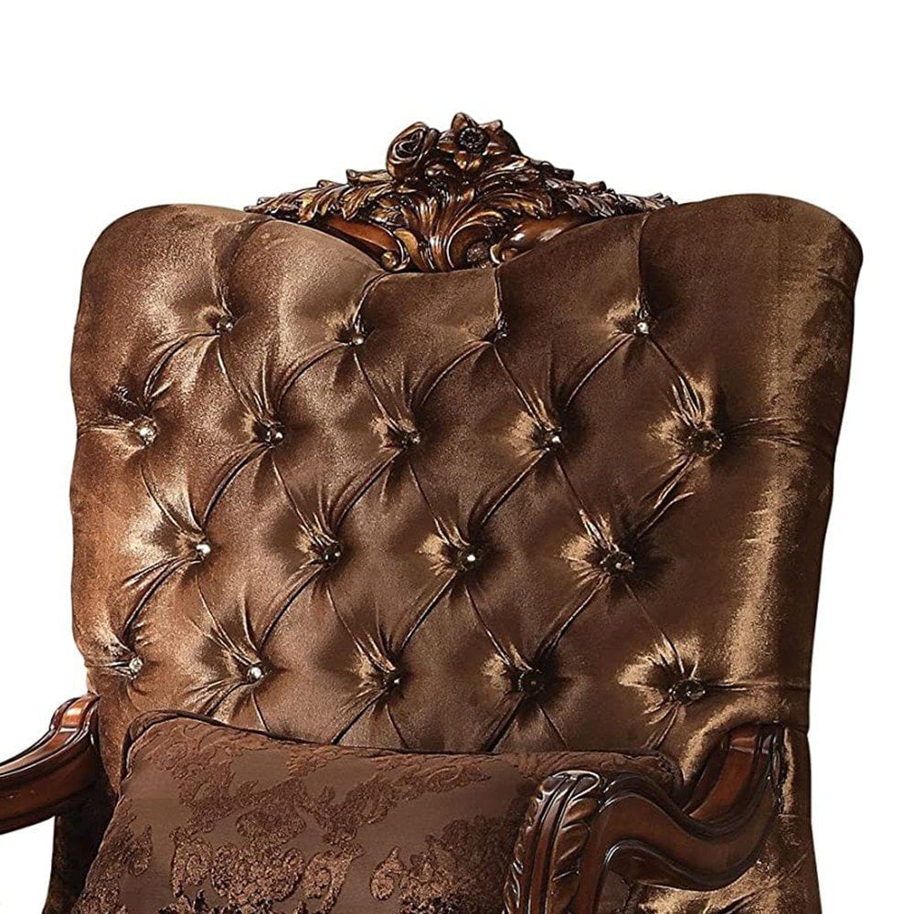 34" Golden Brown And Mahogany Velvet Tufted Arm Chair And Toss Pillow - Homeroots