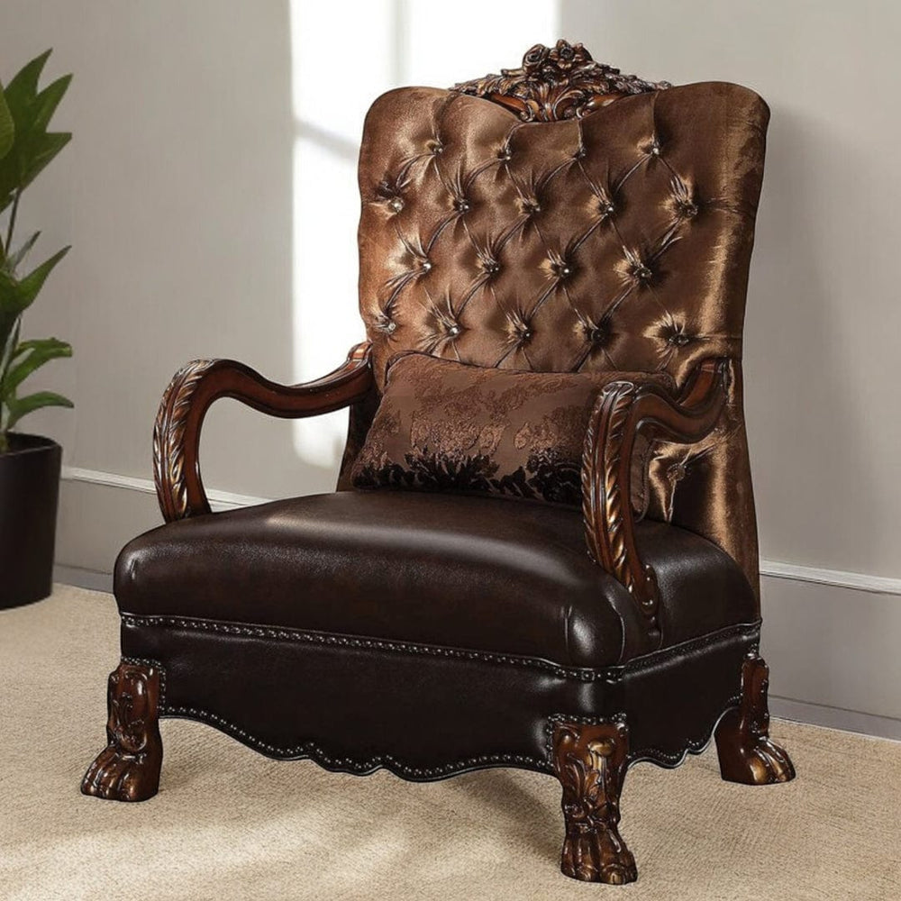 34" Golden Brown And Mahogany Velvet Tufted Arm Chair And Toss Pillow - Homeroots