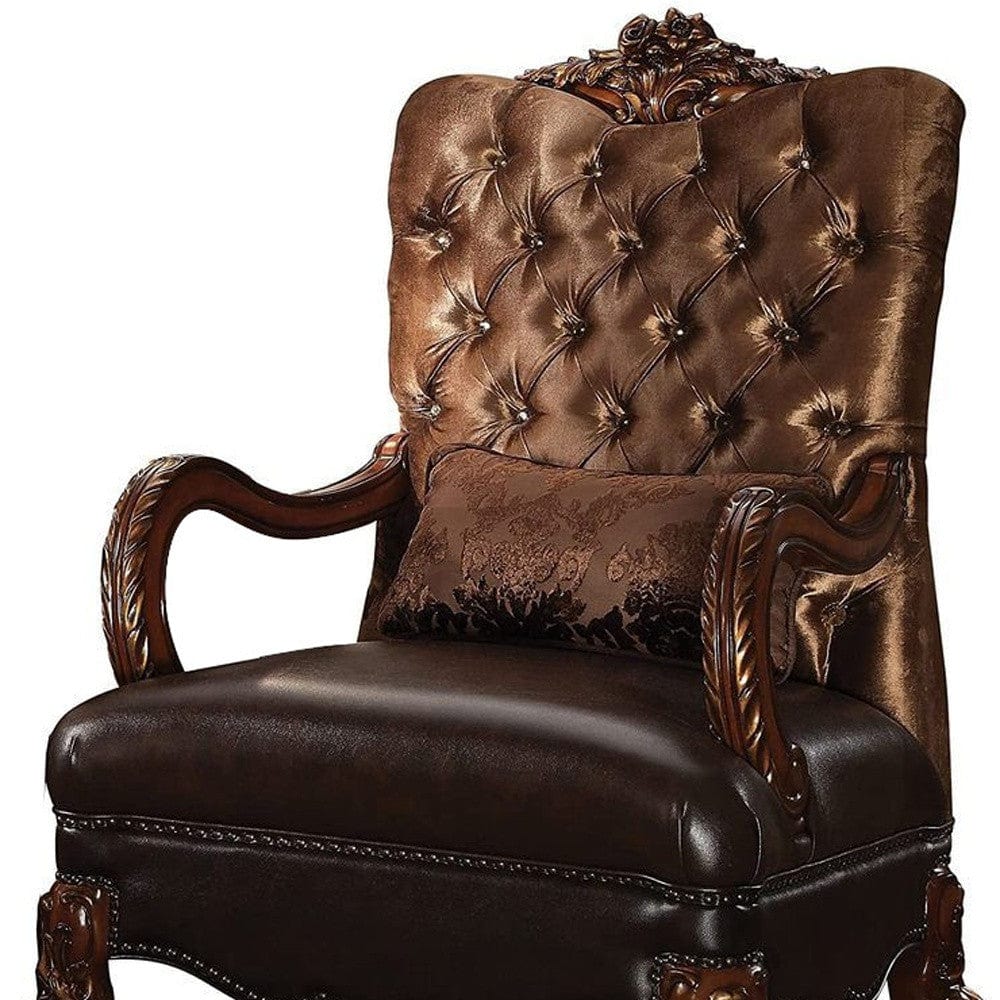 34" Golden Brown And Mahogany Velvet Tufted Arm Chair And Toss Pillow - Homeroots
