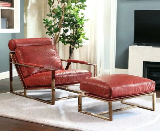 29" Red And Gold Top Grain Leather Lounge Chair With Ottoman - Homeroots