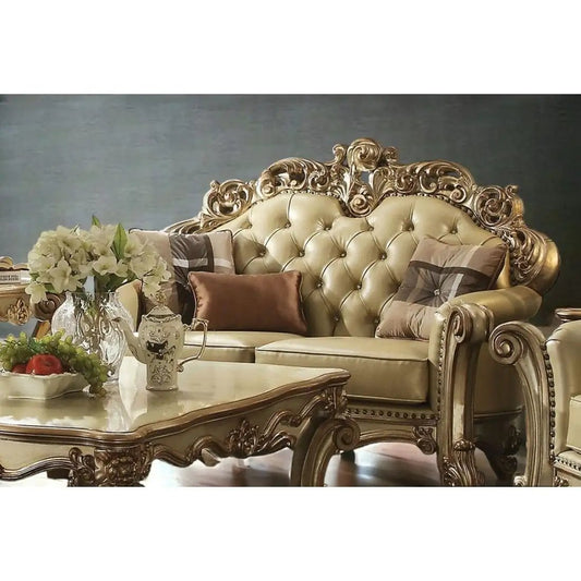 70" Bone And Gold Faux Leather Curved Loveseat - Homeroots