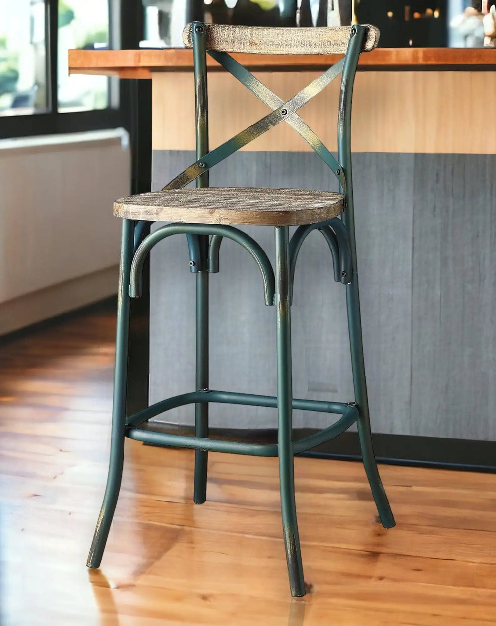 21" Brown And Turquoise Solid Wood And Metal Bar Chair - Homeroots