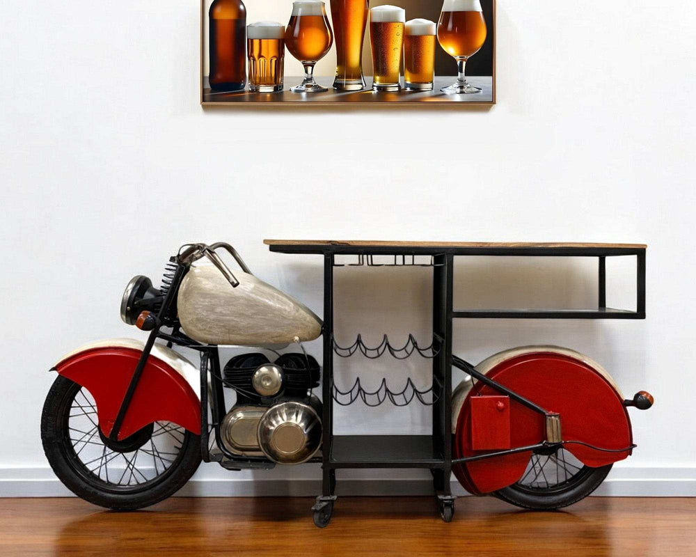 Red and Black Metal And Wood Rolling Glider Bike Bar Cart With Wine Storage - Homeroots - Flyclothing LLC